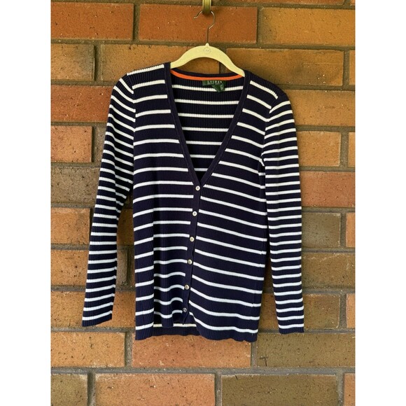 Lauren‎ Ralph Lauren Women Cardigan Sweater Navy/White XS Striped Cotton Blend - Picture 1 of 13